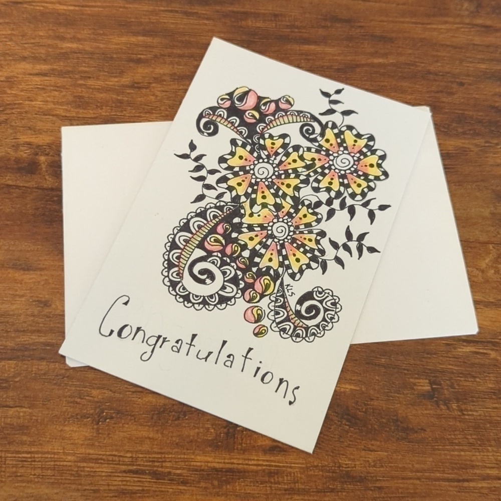 🌻 5/$20 Handmade Floral Zentangle Card-Orange,Yellow & Black- Congratulations